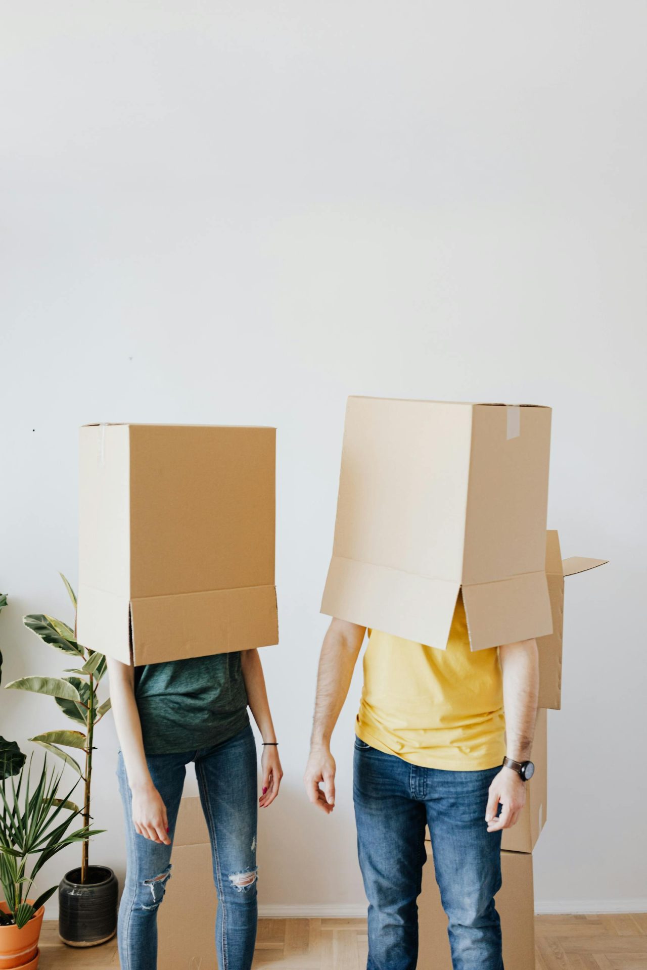 2 adultes avec la tête cachée dans un carton en plein déménagement